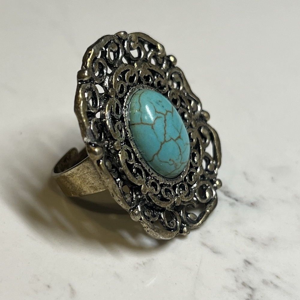 Silvertone Turquoise Sun Round Ring Adjustable 7.5 8 Mandala Geometric‎ Round